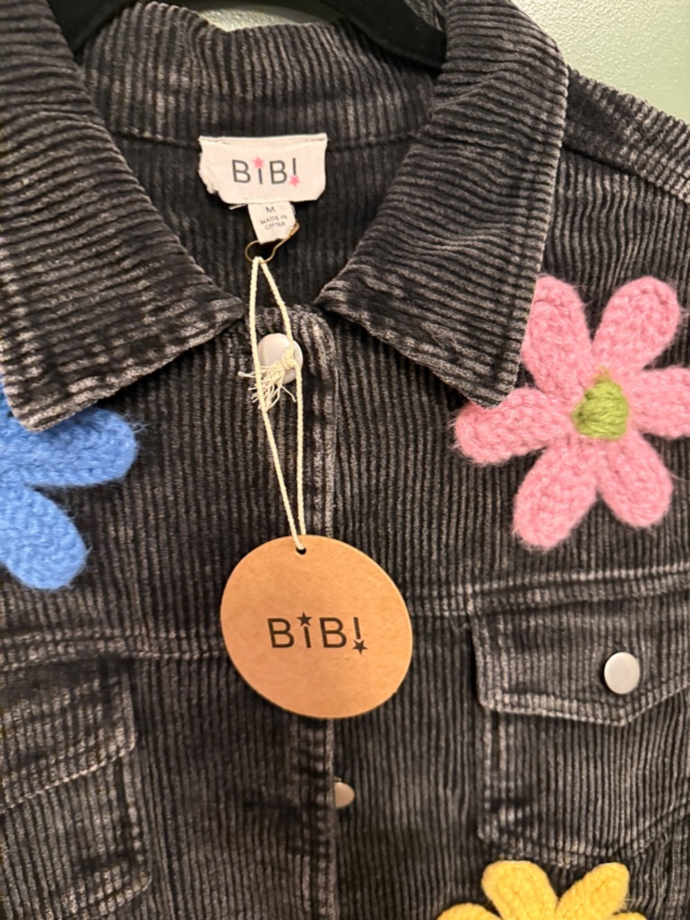 BiBi Black Corduroy Jacket with crochet flower accents - Picture 6 of 6